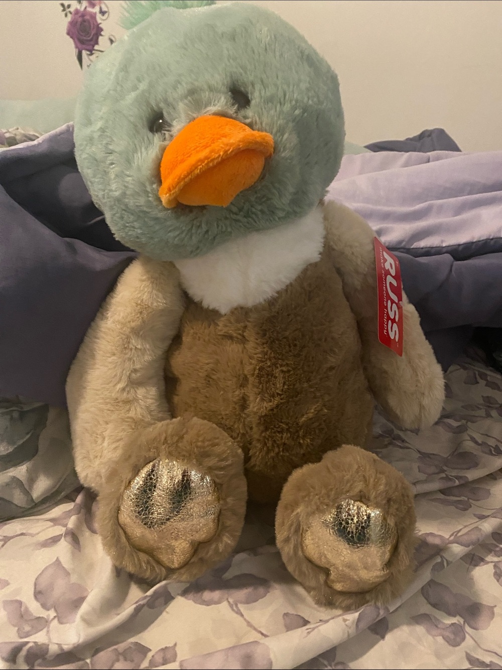 Russ Plush Duck in Mint Green, Brown and Orange
